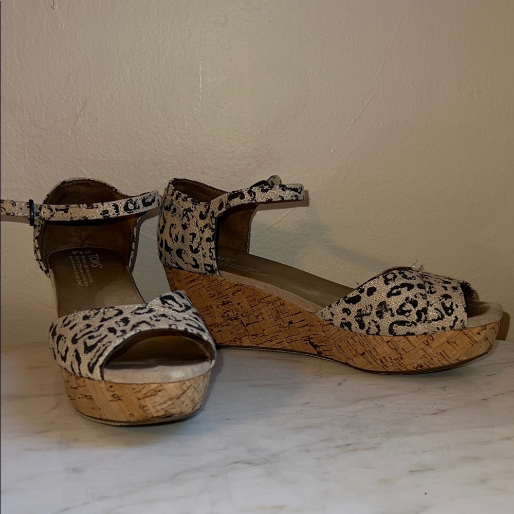 Toms Leopard Print Cork Wedge Sandals in Tan and Black